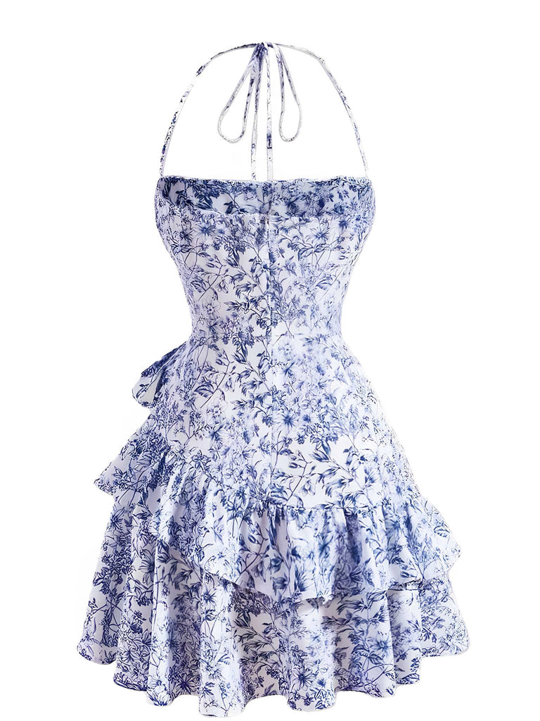 1970er Halter Stufen Rüschen Blumen Kleid