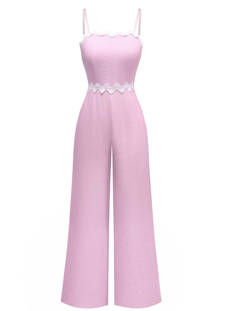 1970er Welle-Trimmen Spaghetti Träger Weites Bein Jumpsuit