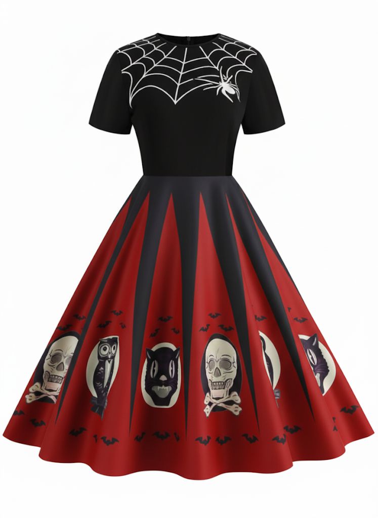 1950er Halloween Spinnennetz Druck Patchwork Kleid