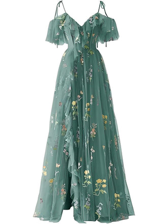 1970er Slip Blumen Besticktes Netz Schlitz Kleid