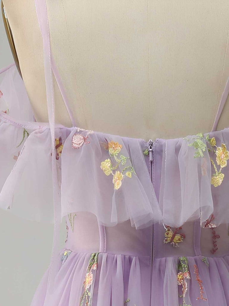 1970er Slip Blumen Besticktes Netz Schlitz Kleid