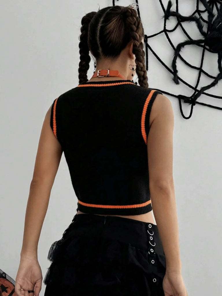 Schwarz 1970er Halloween Kürbis Gesicht Pullover Weste