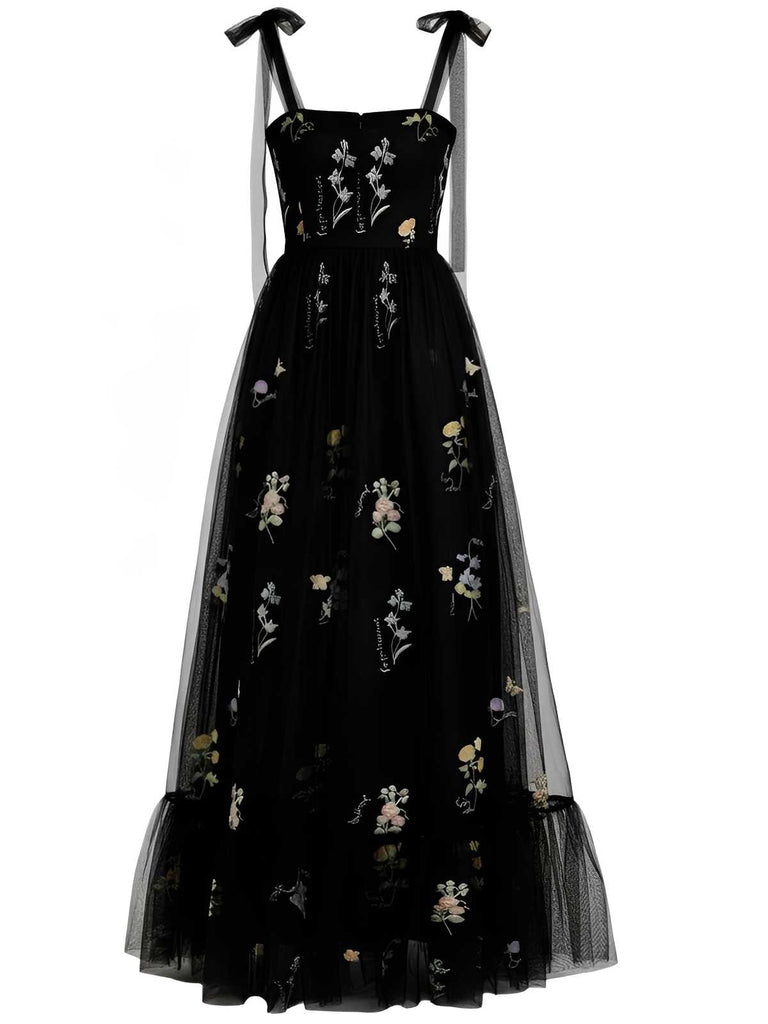 Schwarz 1930er Slip Bestickt Blumen Netz Maxi Kleid