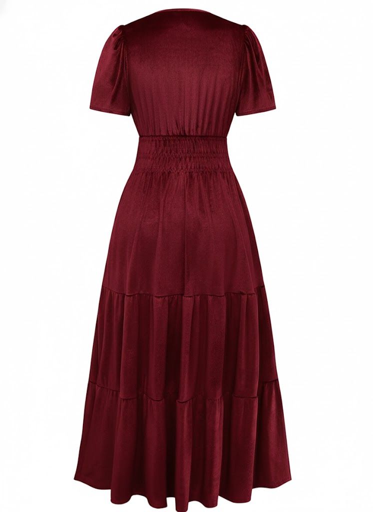 1930er Samt Solide Kurzarm Maxi Kleid