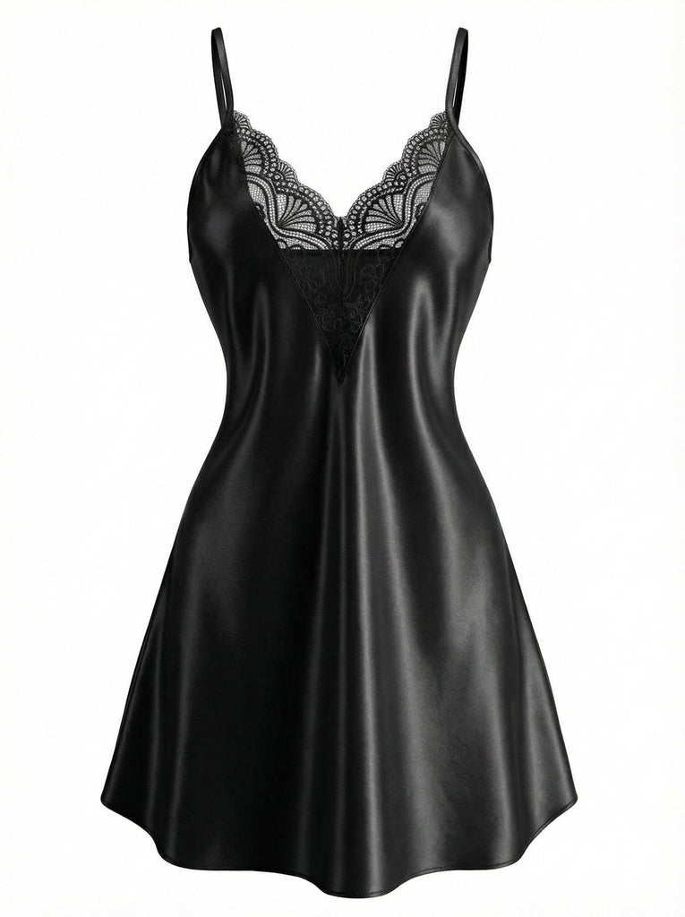 1960er Solide Spitze V-Ausschnitt Spaghetti Träger Nachthemd