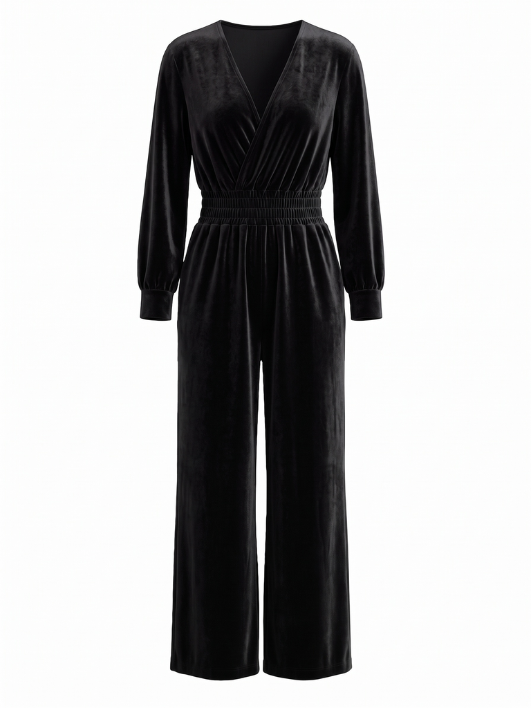 50er Samt-Jumpsuit mit V-Ausschnitt und Smok