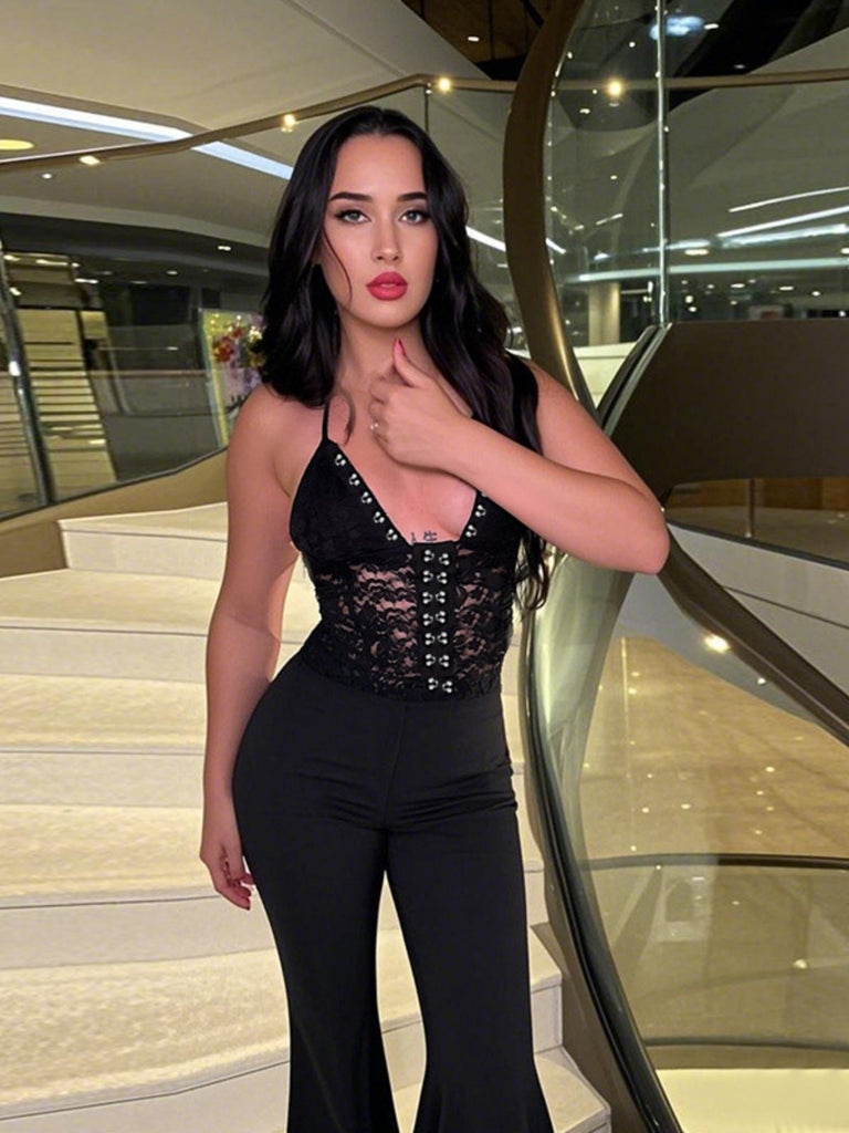 Schwarz 1930er Halter Spitze Schlaghosen Jumpsuit