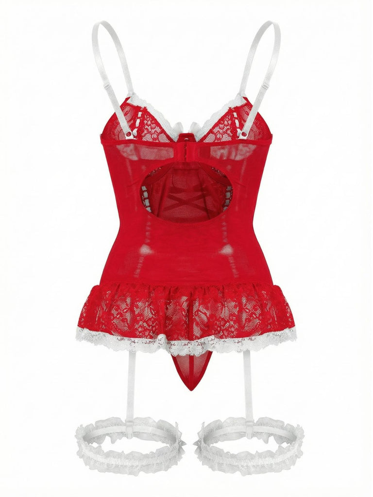 1970er Kontrastiert Spitze Netz Bogen Schnürung Dessous Set