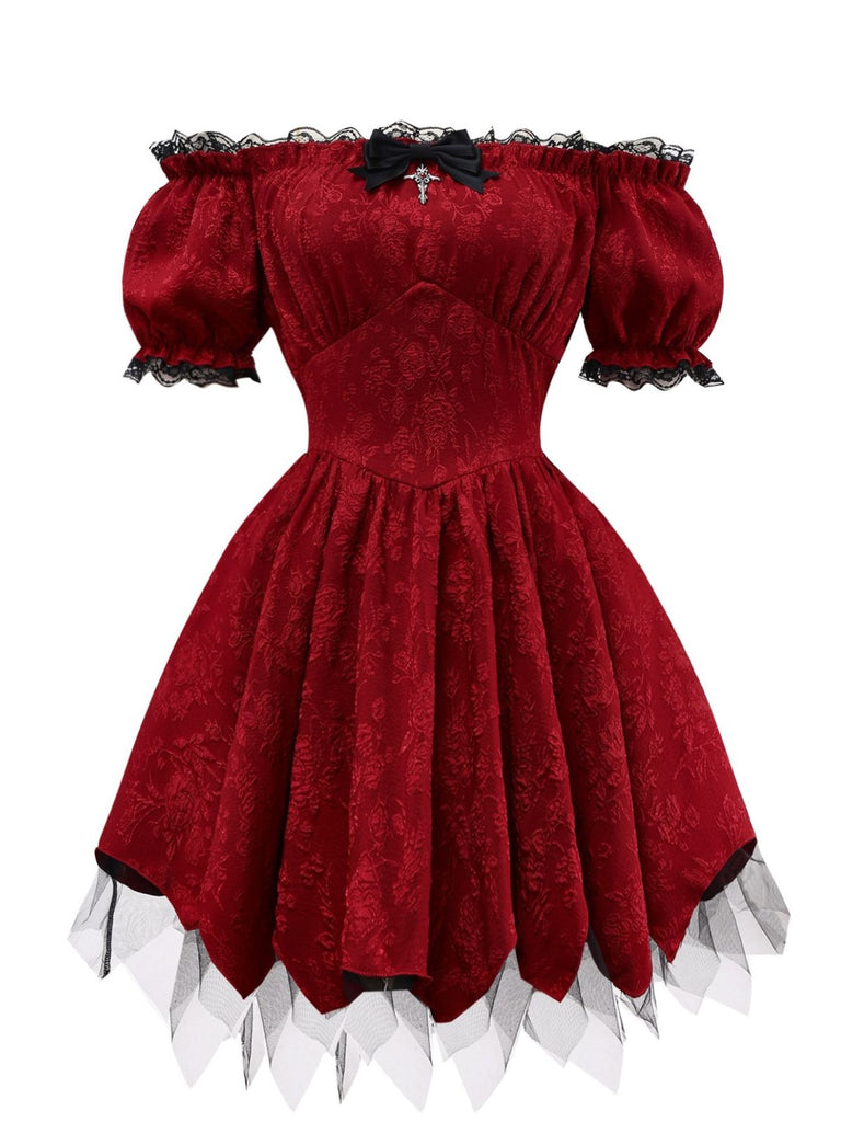 Rot 1970er Gothic Spitzen Bogen Schulterfrei Kleid