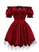 Rot 1970er Gothic Spitzen Bogen Schulterfrei Kleid