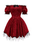 Rot 1970er Gothic Spitzen Bogen Schulterfrei Kleid
