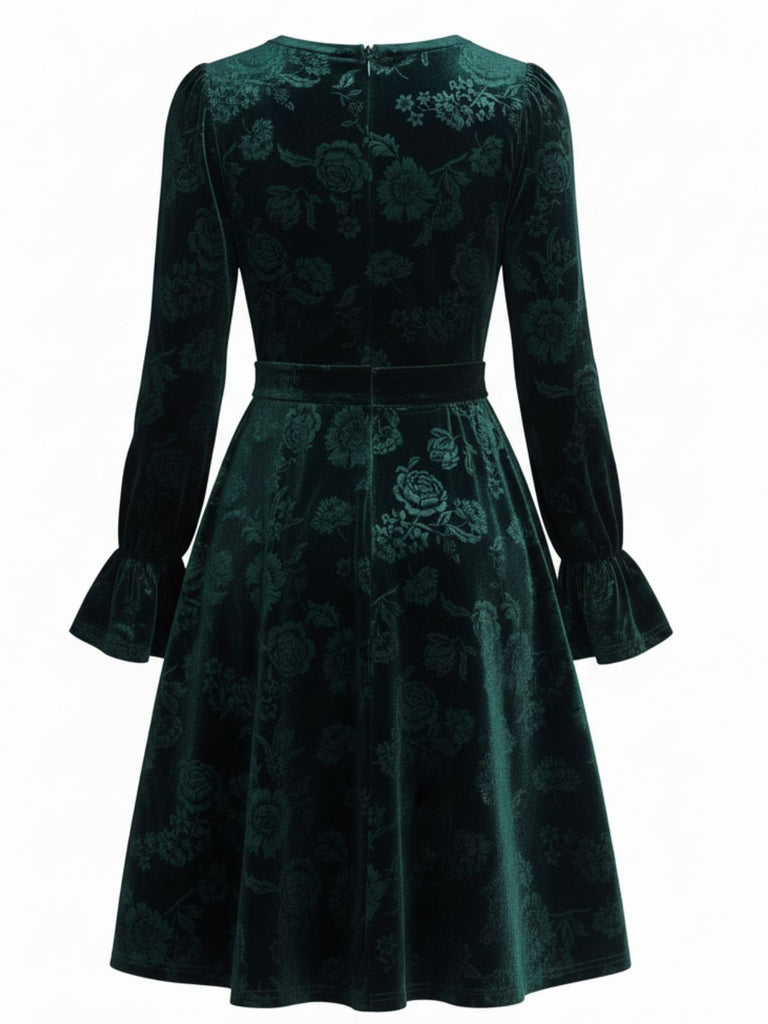 Grün 1960er Samt Rose Jacquard Kleid