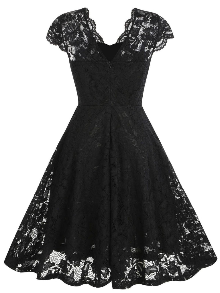 1950er Solide V-Ausschnitt Ärmellos Spitze Kleid