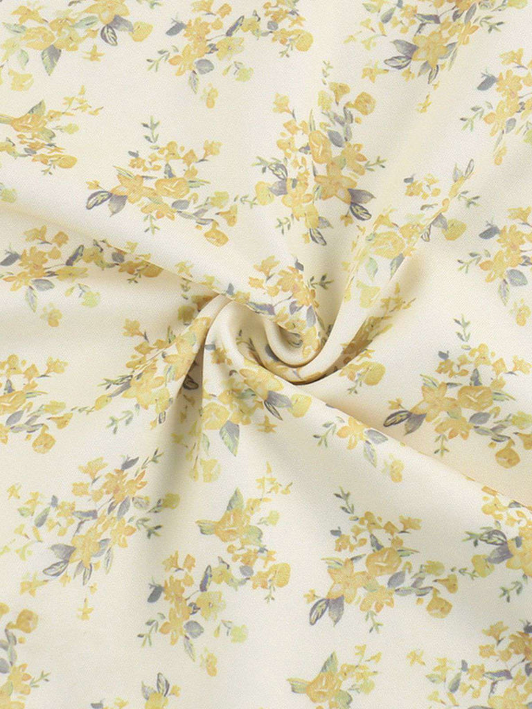 Gelb 1960er Blumen Puffärmel V-Ausschnitt Kleid