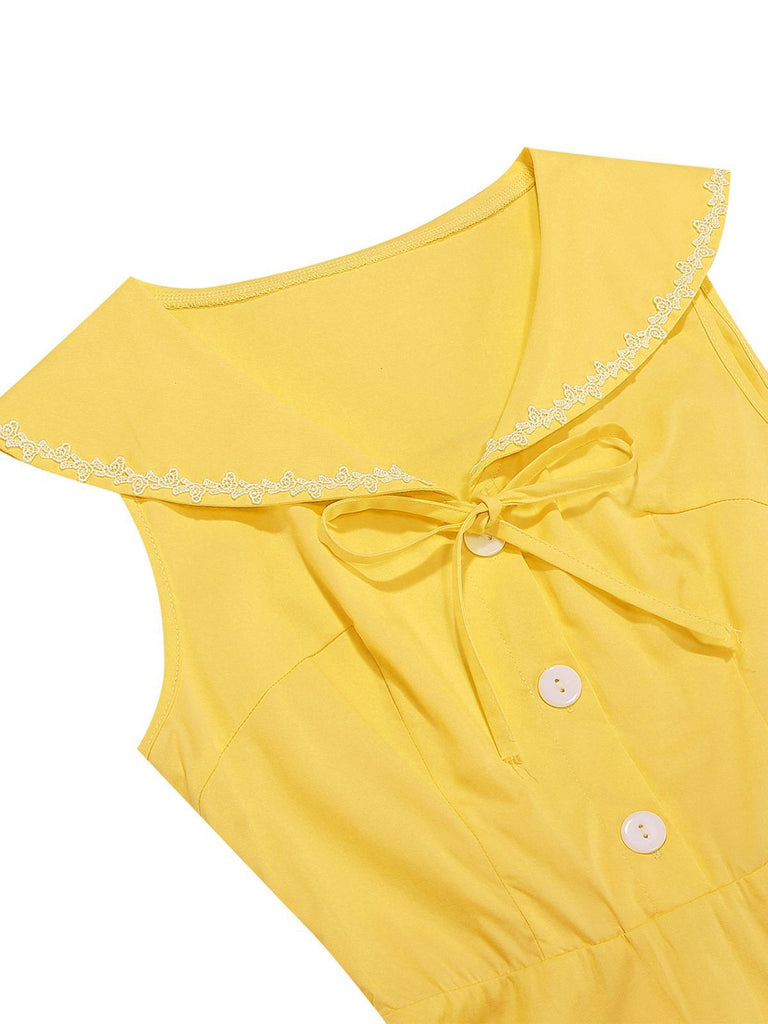 1950er Solide Matrosen Kragen Schleife Ärmellos Kleid