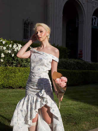 Blau 1930er Schulterfrei Blumen Rüschen Kleid