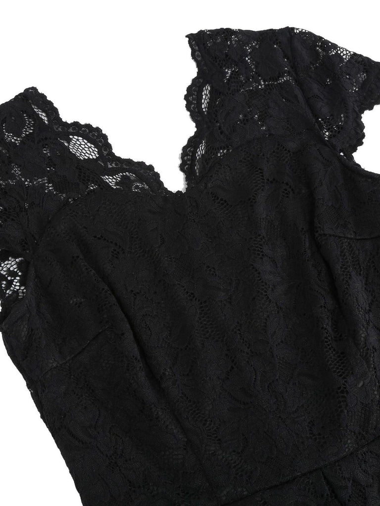 1950er Solide V-Ausschnitt Ärmellos Spitze Kleid