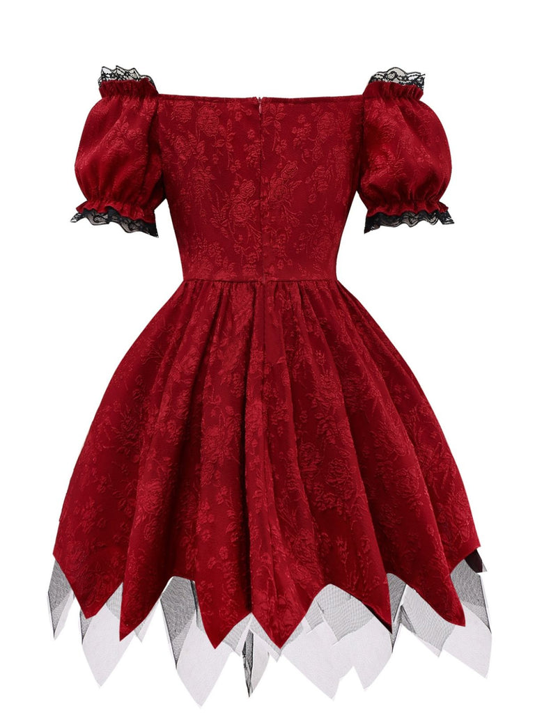 Rot 1970er Gothic Spitzen Bogen Schulterfrei Kleid