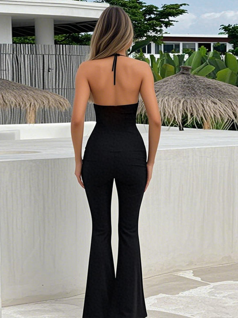 Schwarz 1930er Halter Spitze Schlaghosen Jumpsuit