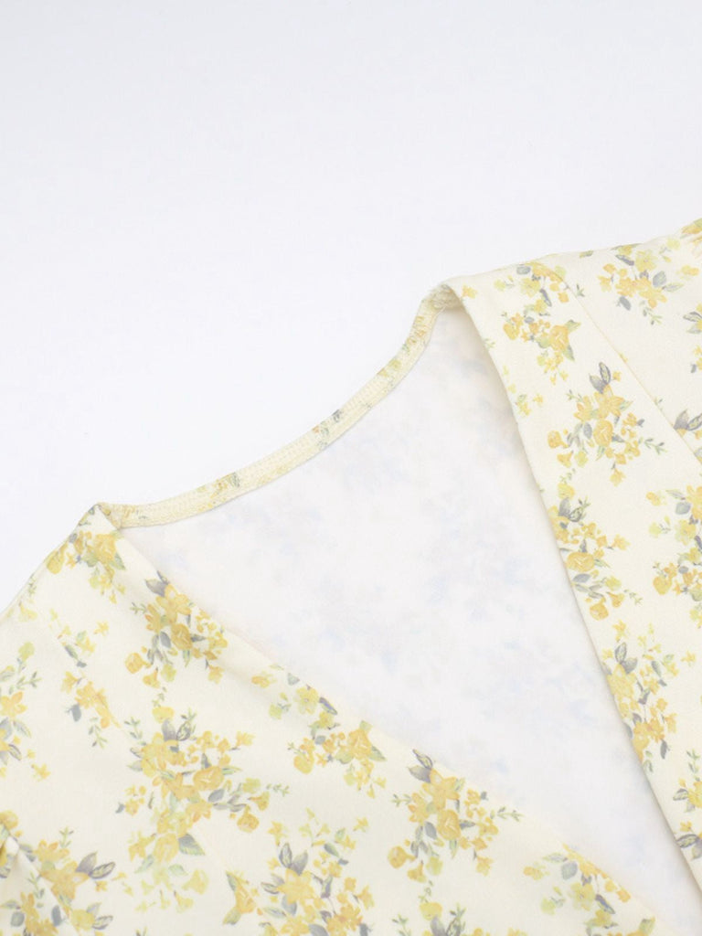Gelb 1960er Blumen Puffärmel V-Ausschnitt Kleid