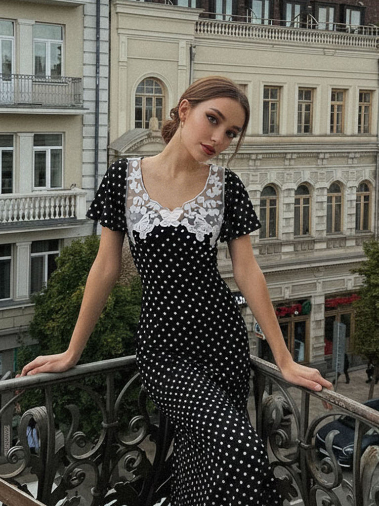 [Vorverkauf] Schwarz 1930er Spitze Patchwork Polka Dot Kleid