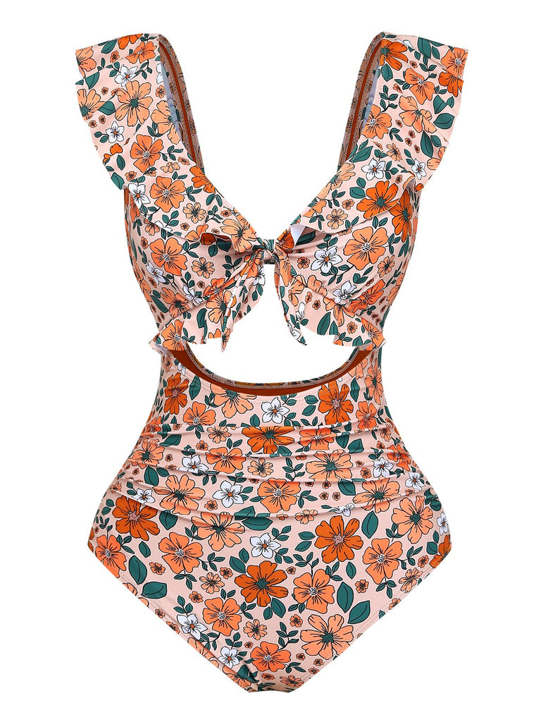 1930er Blumen Rüschen Cutout Einteiliger Badeanzug