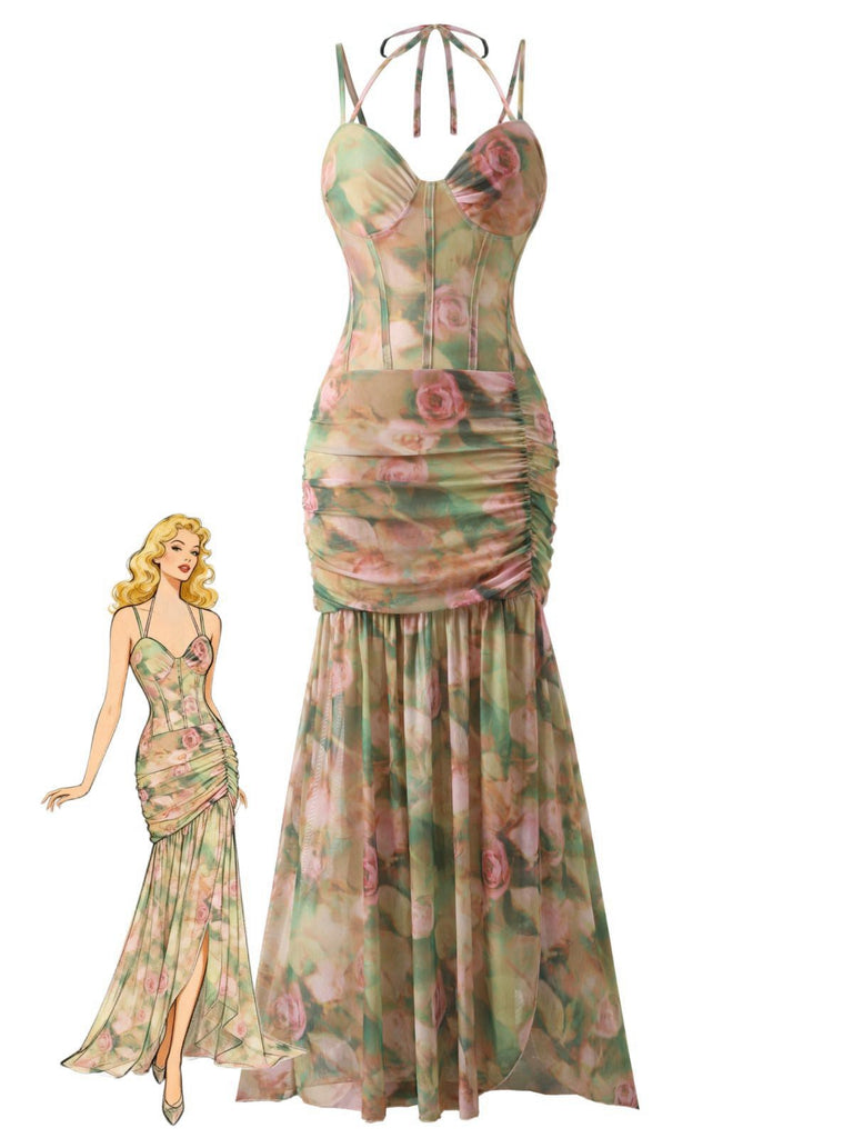 Kleid aus den 1930er Jahren mit Rosenmuster, Fischgrätmuster, Raffungen und Schlitz