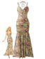 1930er Rose Druck Fischgrät Gerafft Schlitz Kleid
