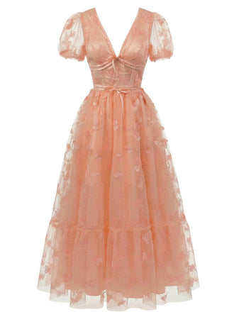 1930er Schmetterling Blumen Netz Bestickt Maxi Kleid