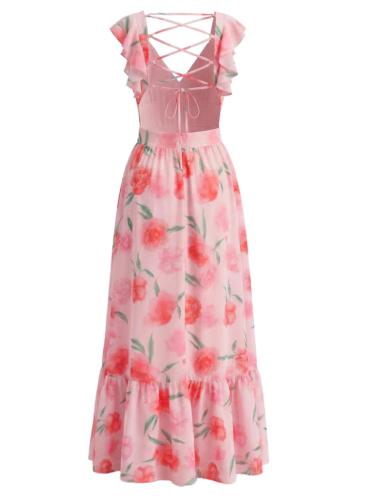 Rosa Maxikleid aus Chiffon mit Blumenmuster im Stil der 1930er Jahre, tiefer V-Ausschnitt am Rücken – Vintage-Kleid, Retro-Mode