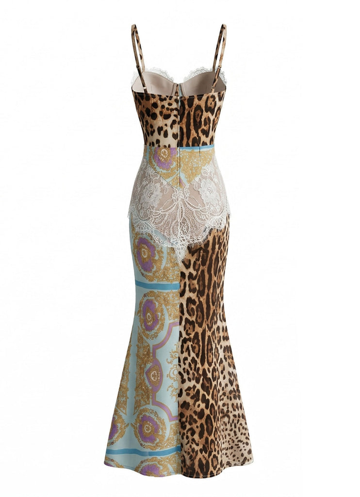 1930er Spaghetti Gurt Leopard Barock Drucken Spitze Kleid