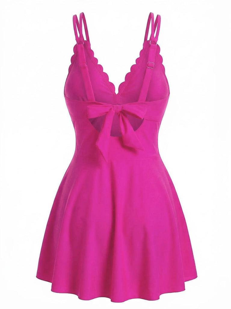 Spaghettiträger-Badekleid mit Schleife und Muschelsaum aus den 1930er Jahren – Vintage-Kleid, Retro-Mode