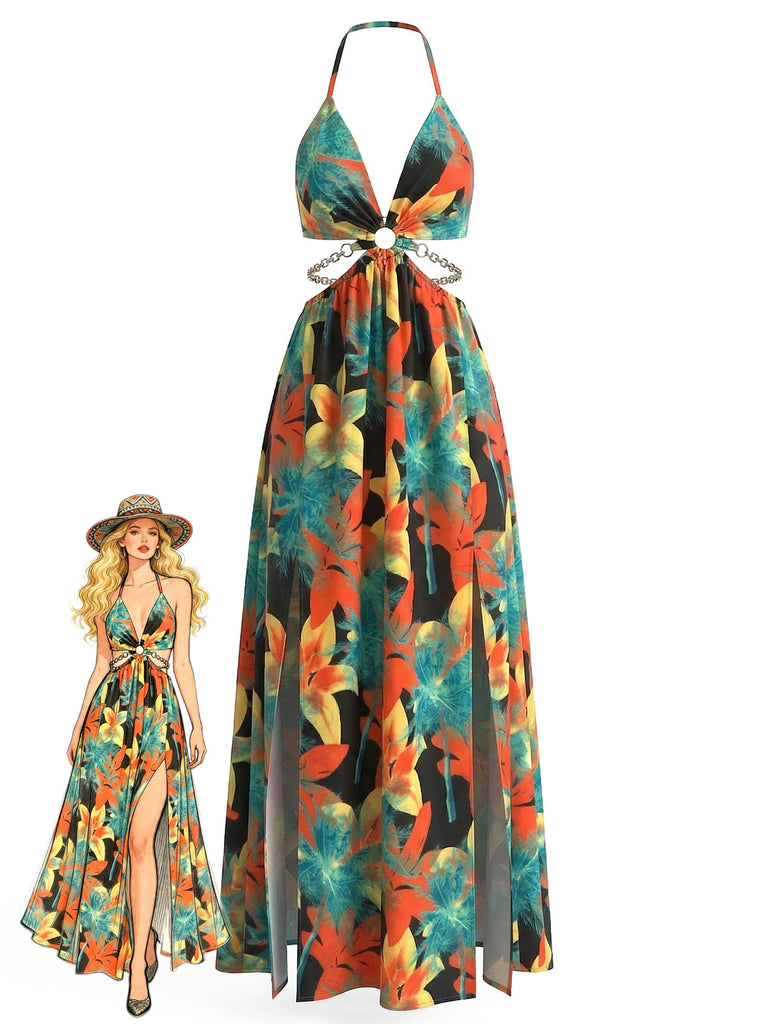 30er Maxikleid mit Neckholder und Blumen