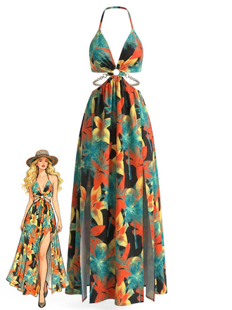 30er Maxikleid mit Neckholder und Blumen