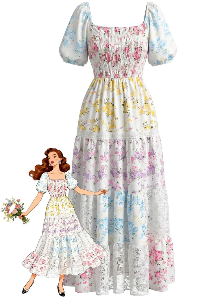30er Maxikleid mit Blumen und Patchwork