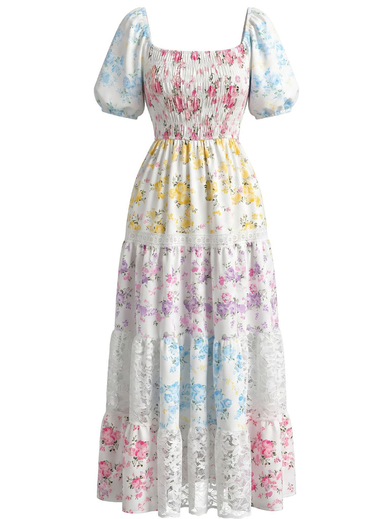 30er Maxikleid mit Blumen und Patchwork