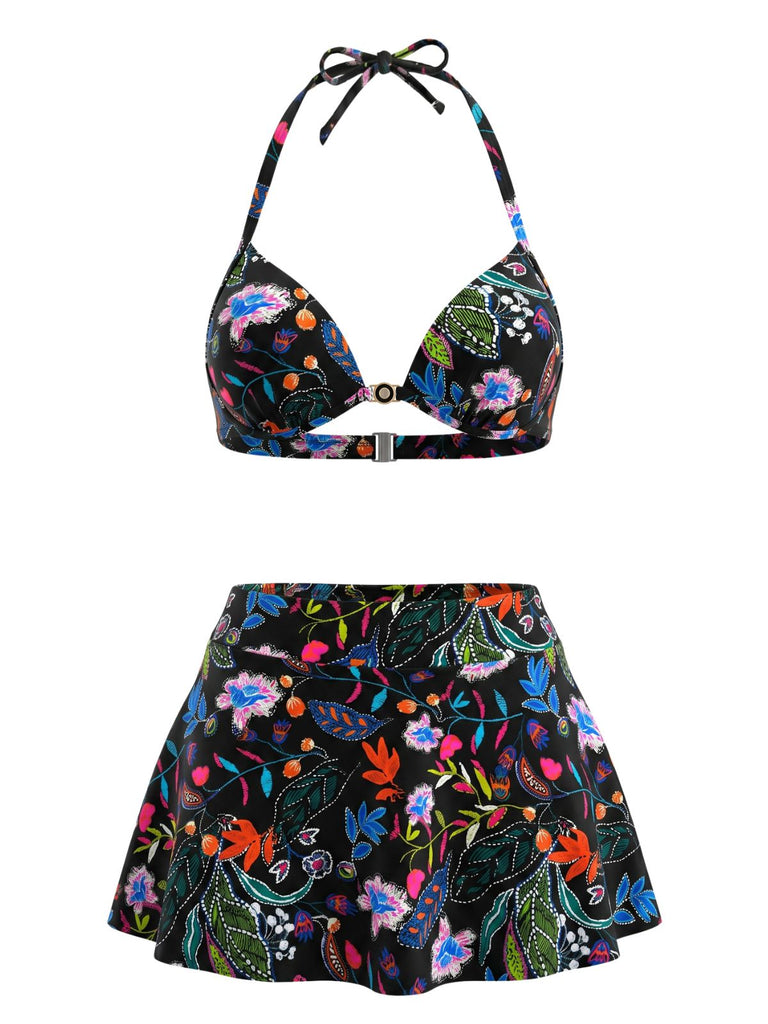 30er Tropen Bikini-Set mit Neckholder und Blumen