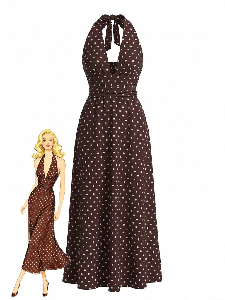 30er Maxikleid mit Polka-Dots und V-Ausschnitt