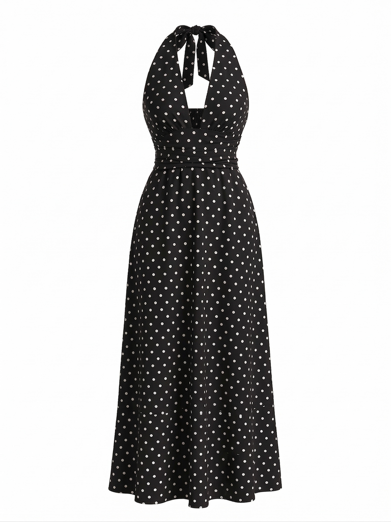 30er Maxikleid mit Polka-Dots und V-Ausschnitt