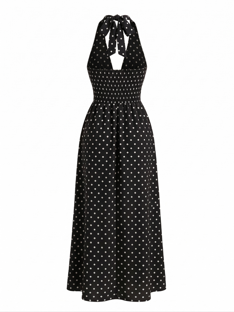 30er Maxikleid mit Polka-Dots und V-Ausschnitt