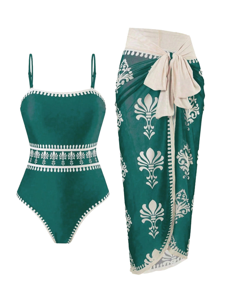 70er Boho Badeanzug & Cover-Up mit Blumen und Gedruckt