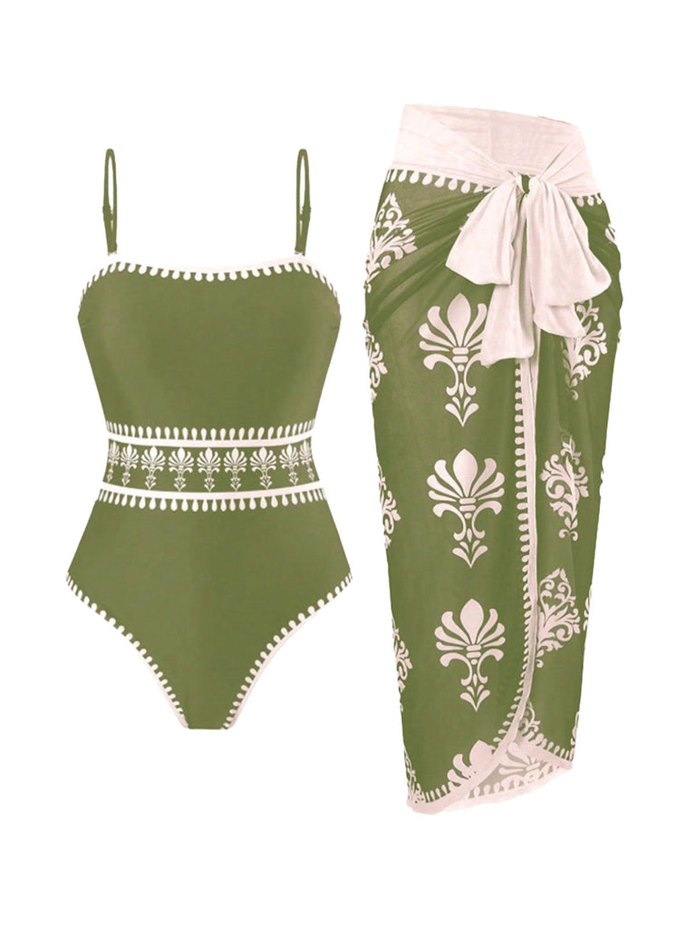70er Boho Badeanzug & Cover-Up mit Blumen und Gedruckt