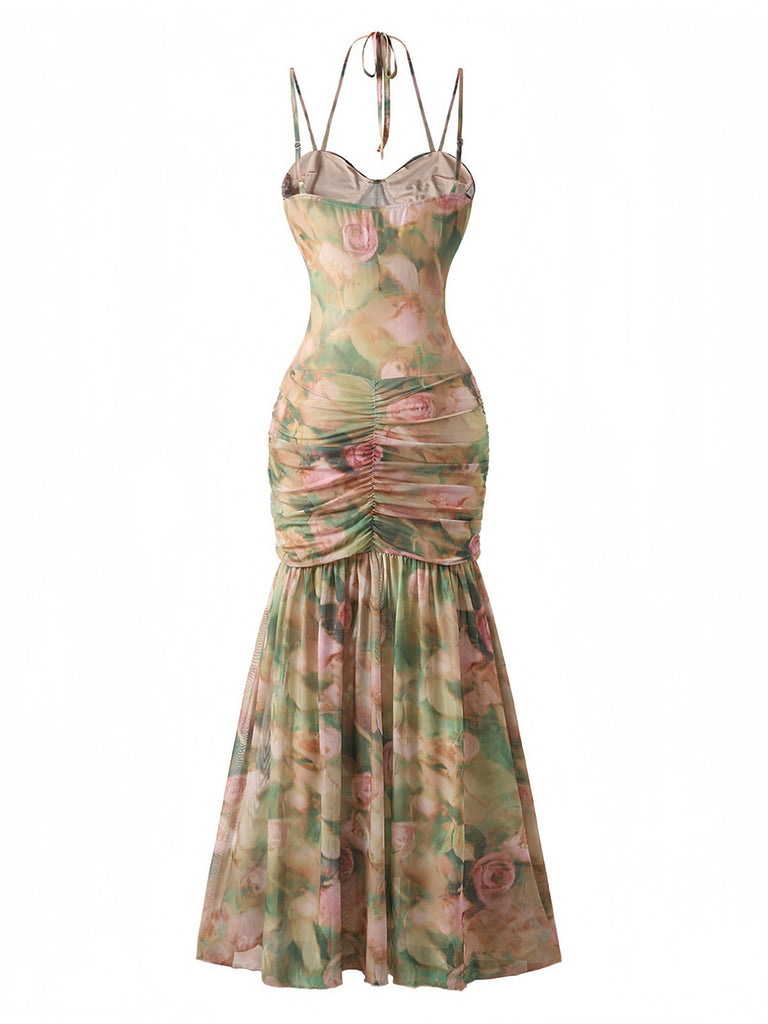 Kleid aus den 1930er Jahren mit Rosenmuster, Fischgrätmuster, Raffungen und Schlitz