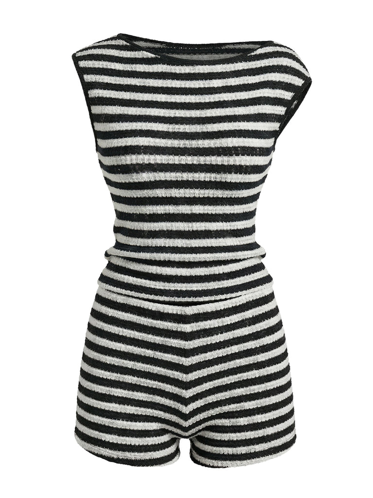 2PCS Schwarz 1940er Streifen Ärmellos Top & Höhe Taille Shorts