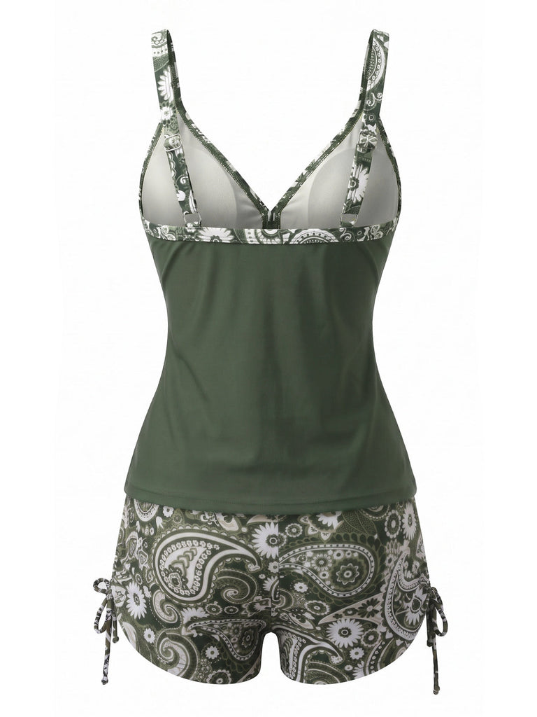 70er Bohemian Tankini-Set mit V-Ausschnitt und Riemen