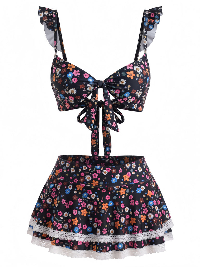 40er Bikini-Set mit Ditsy-Blumen und Rüschen