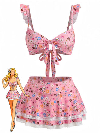 40er Bikini-Set mit Ditsy-Blumen und Rüschen