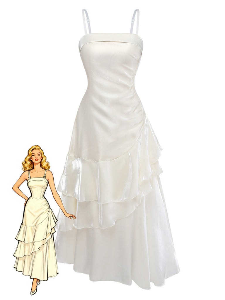Weiß 1940er Satin Gestuft Spaghetti Gurt Gerüschtes Kleid