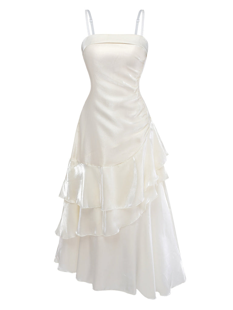 Weiß 1940er Satin Gestuft Spaghetti Gurt Gerüschtes Kleid