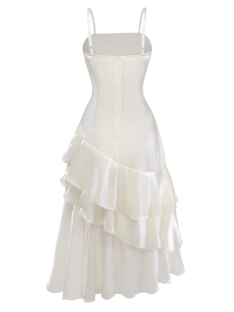 Weiß 1940er Satin Gestuft Spaghetti Gurt Gerüschtes Kleid